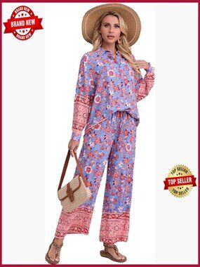 Boho 2 Piece Set Button Down Shirt Wide Leg Pants Outfit
